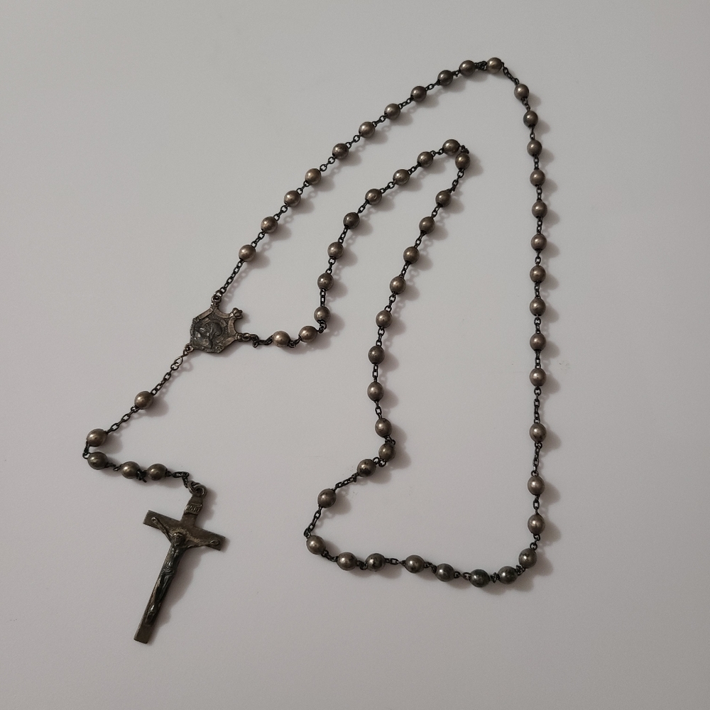 Antique Sterling Rosary Necklace Crucifix Italy Sterling Silver Early 1900's